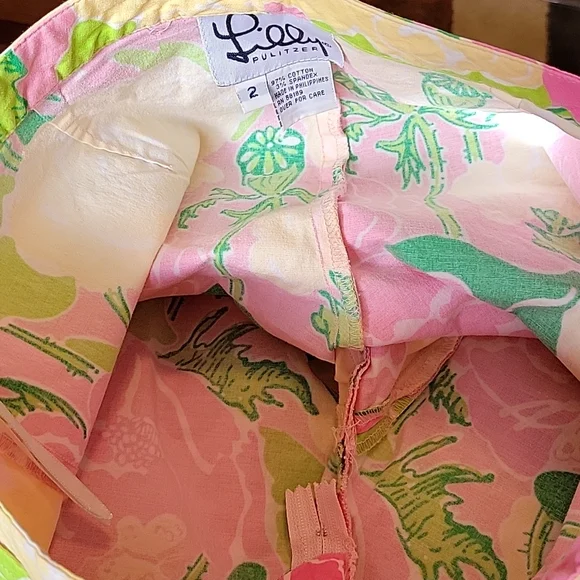 LILLY PULITZER Cropped Pink White Green Yellow Flower Print Pants Size 2 - Picture 9 of 13